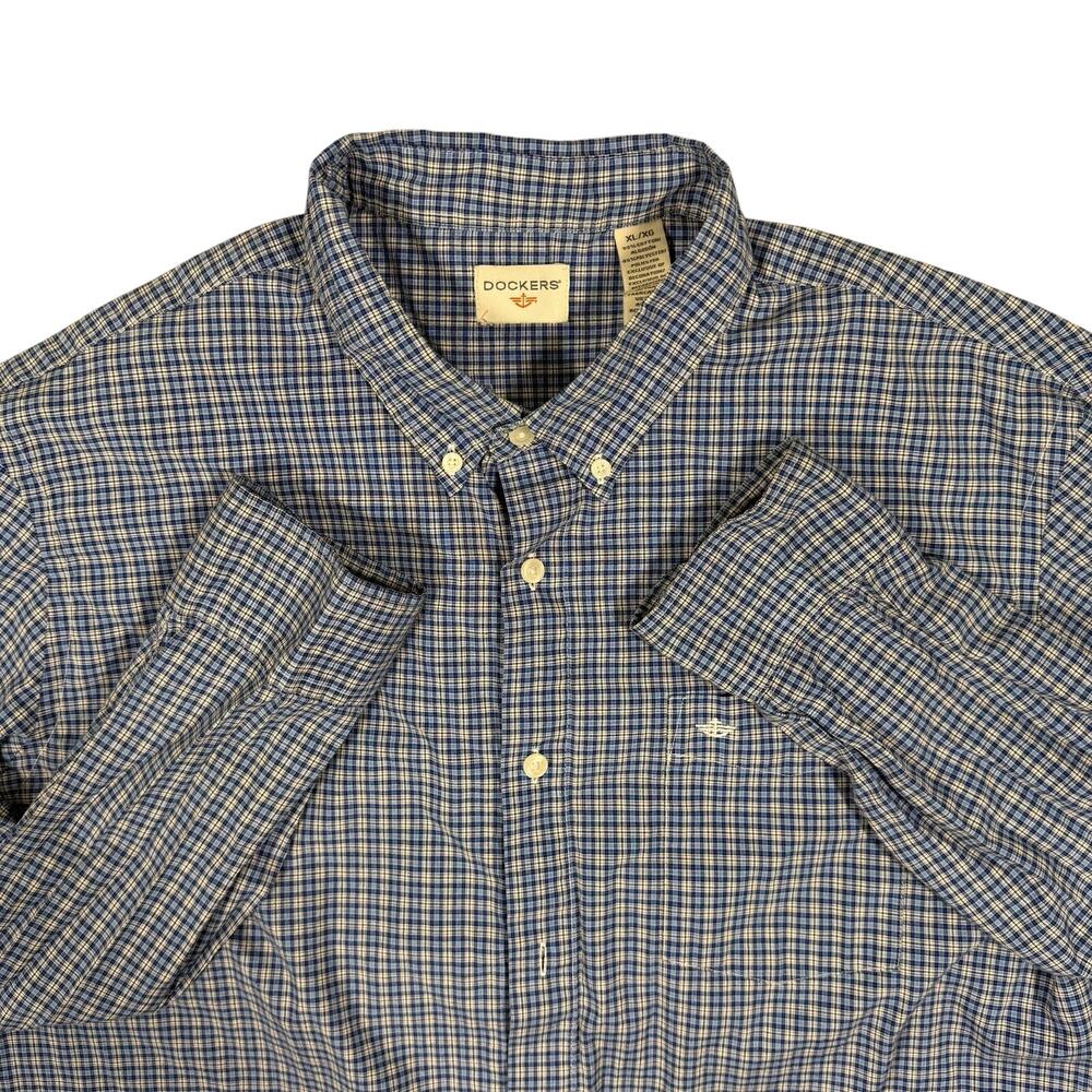 Dockers Mens Long Sleeve Button Up Shirt XL Blue Plaid Casual Cotton Blend